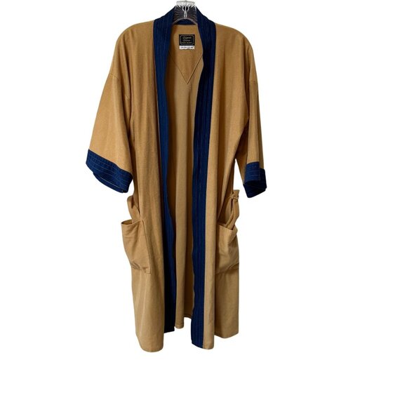 Van Heusen Mens Robe VTG 70s Velour Tan Blue Pockets One Size Swanky Kimono Styl - Picture 4 of 13